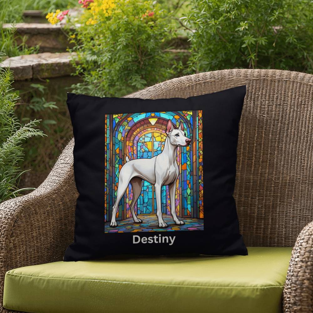 White Doberman Stained Glass Pillow, custom home and porch décor for dog lovers