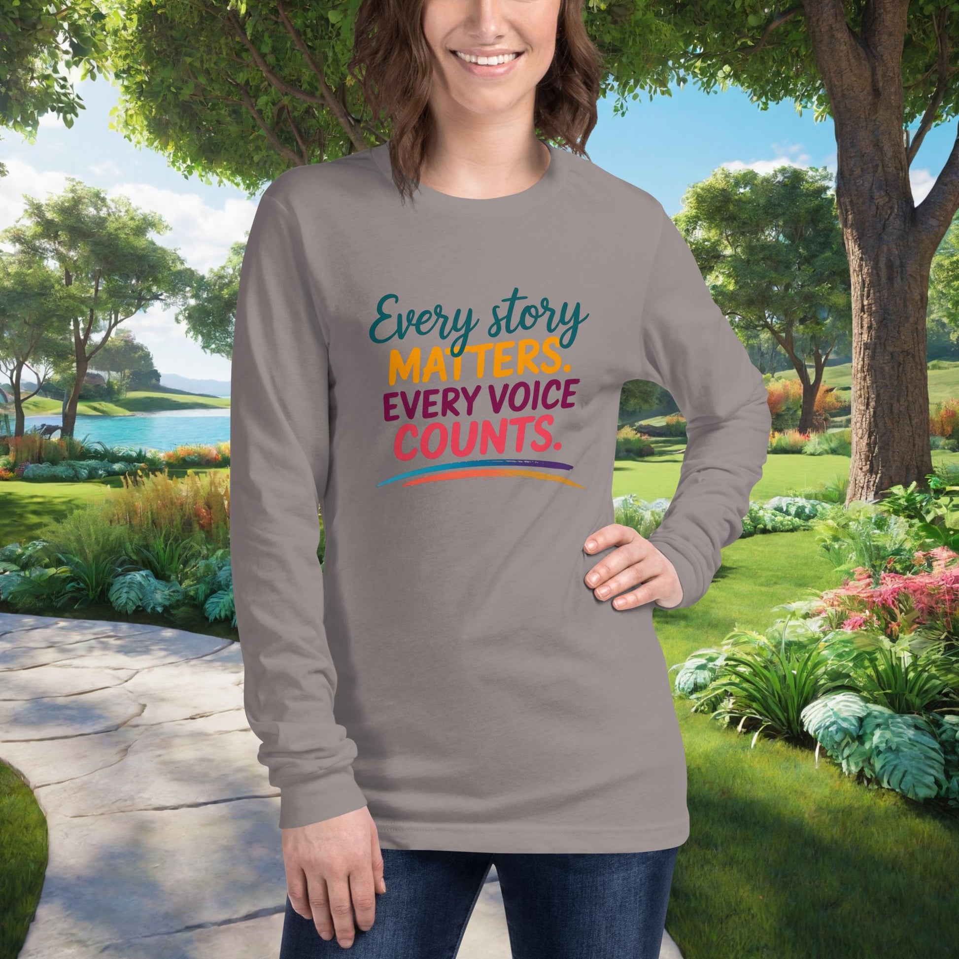 Every Story Matters. Every Voice Counts on Unisex Long Sleeve T-Shirt, survivor advocacy, empowerment, domestic violence tee