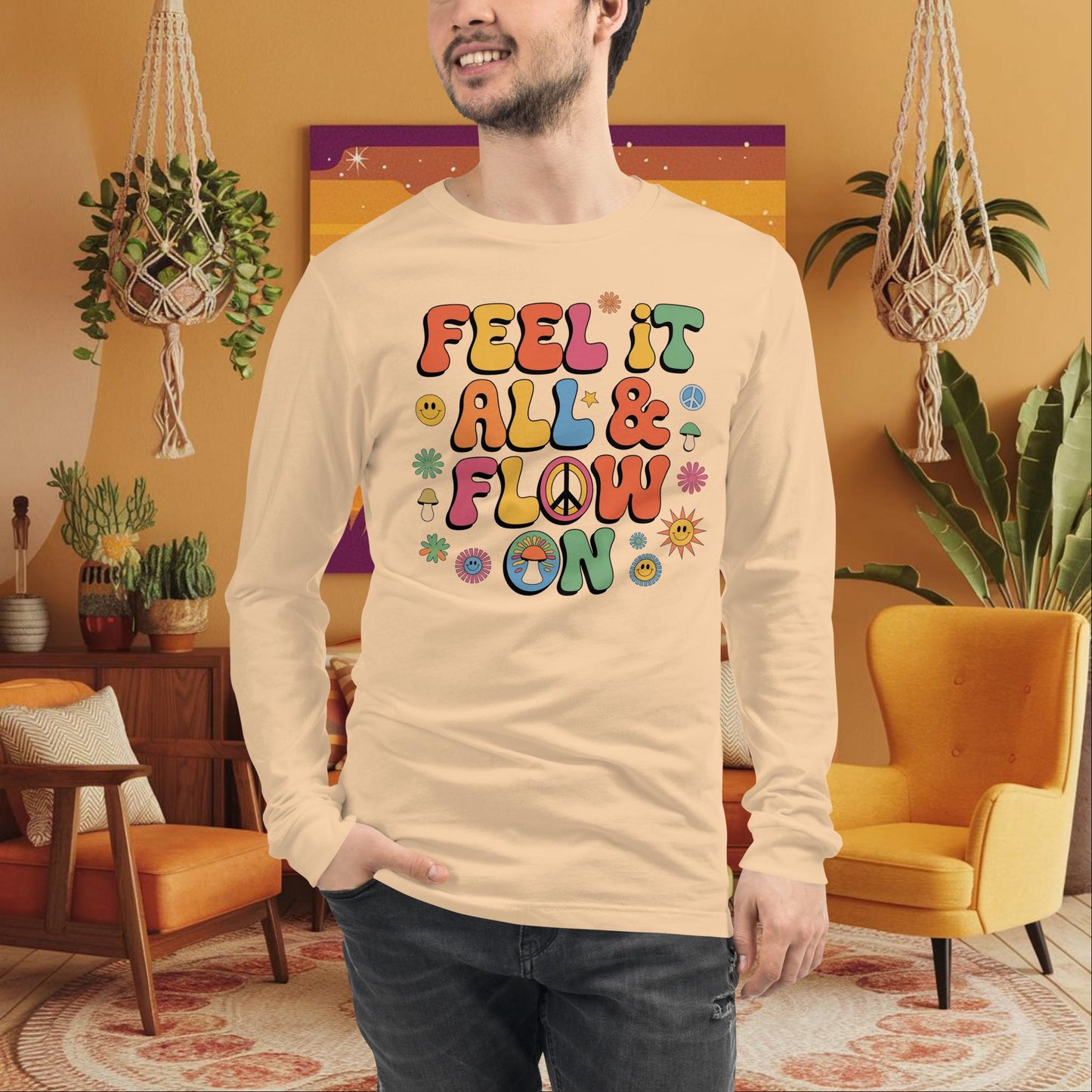 Feel It All & Flow On Long Sleeve Tee - Retro Mental Health Shirt for Emotional Strength - MySisterIsASurvivor