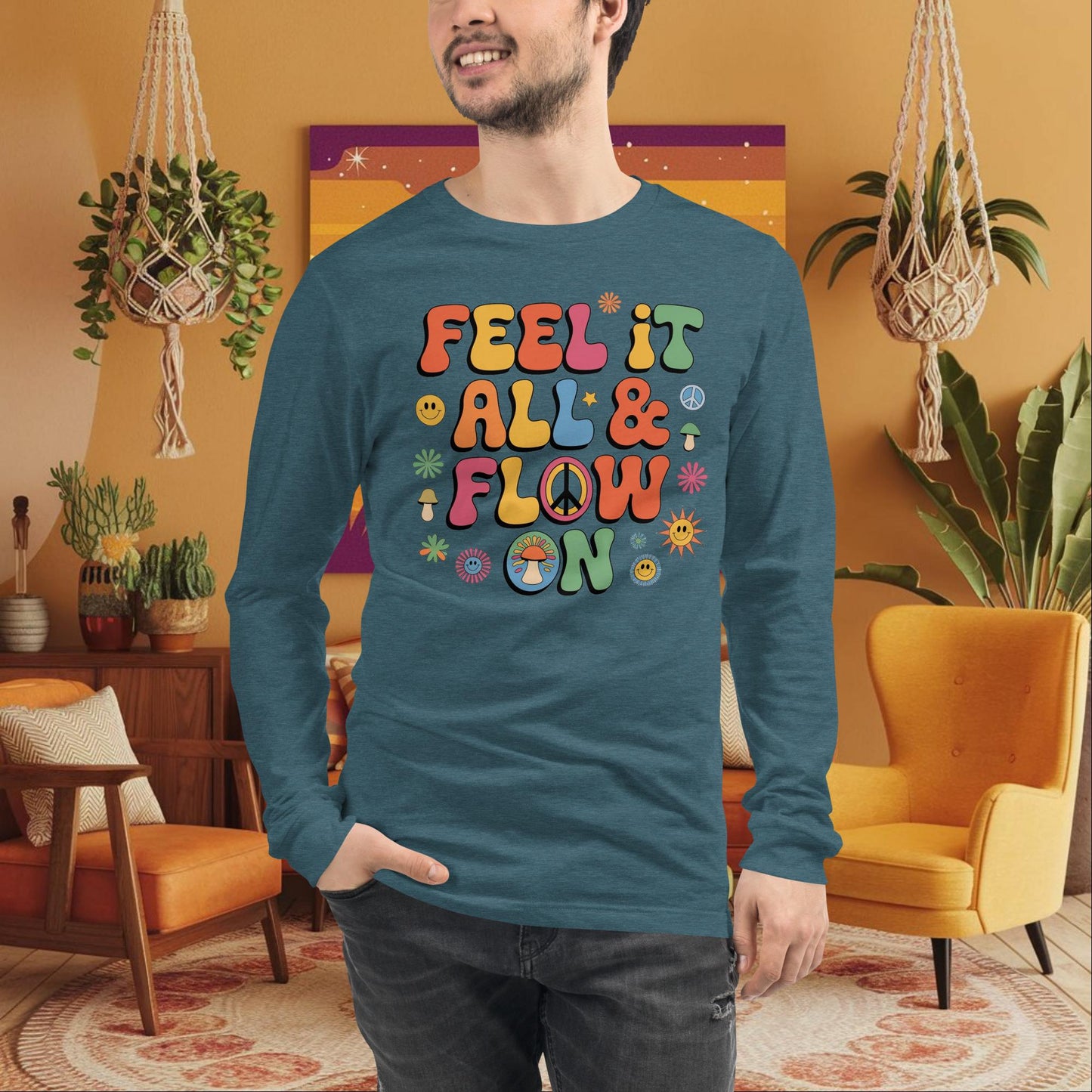 Feel It All & Flow On Long Sleeve Tee - Retro Mental Health Shirt for Emotional Strength - MySisterIsASurvivor