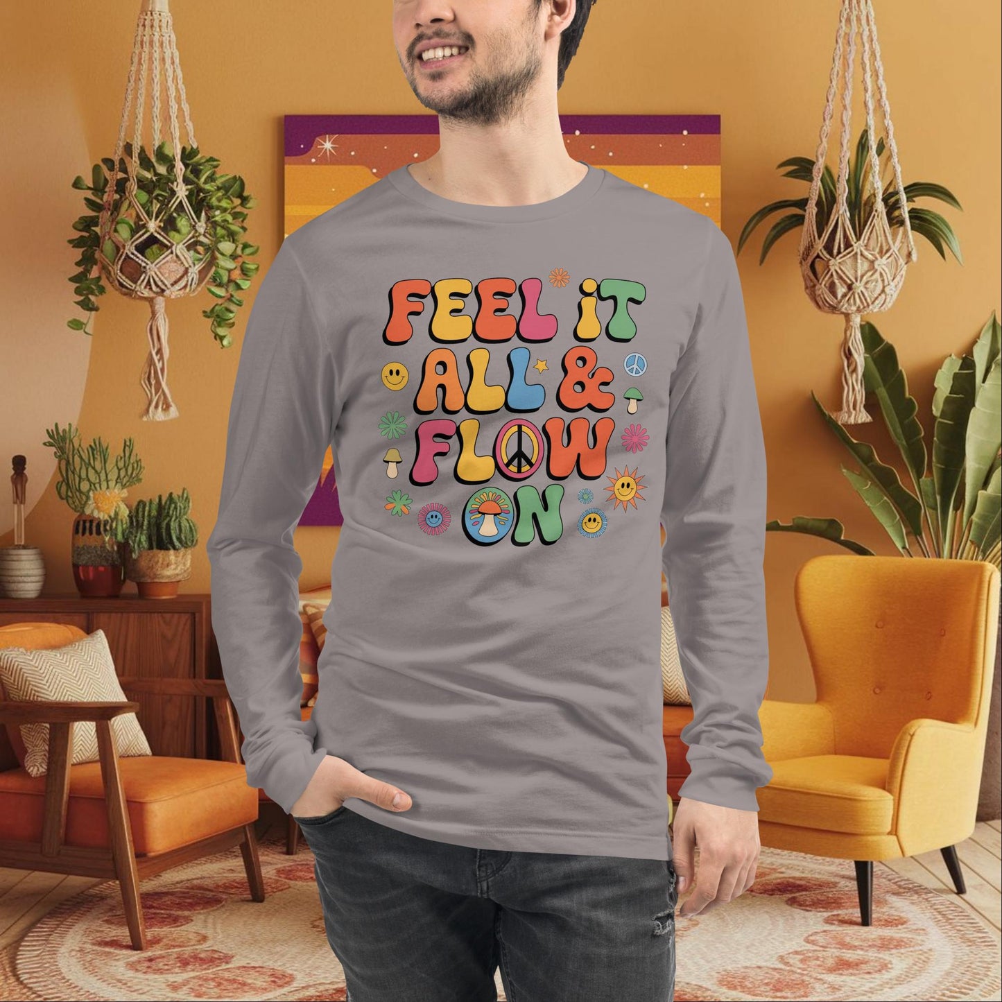 Feel It All & Flow On Long Sleeve Tee - Retro Mental Health Shirt for Emotional Strength - MySisterIsASurvivor