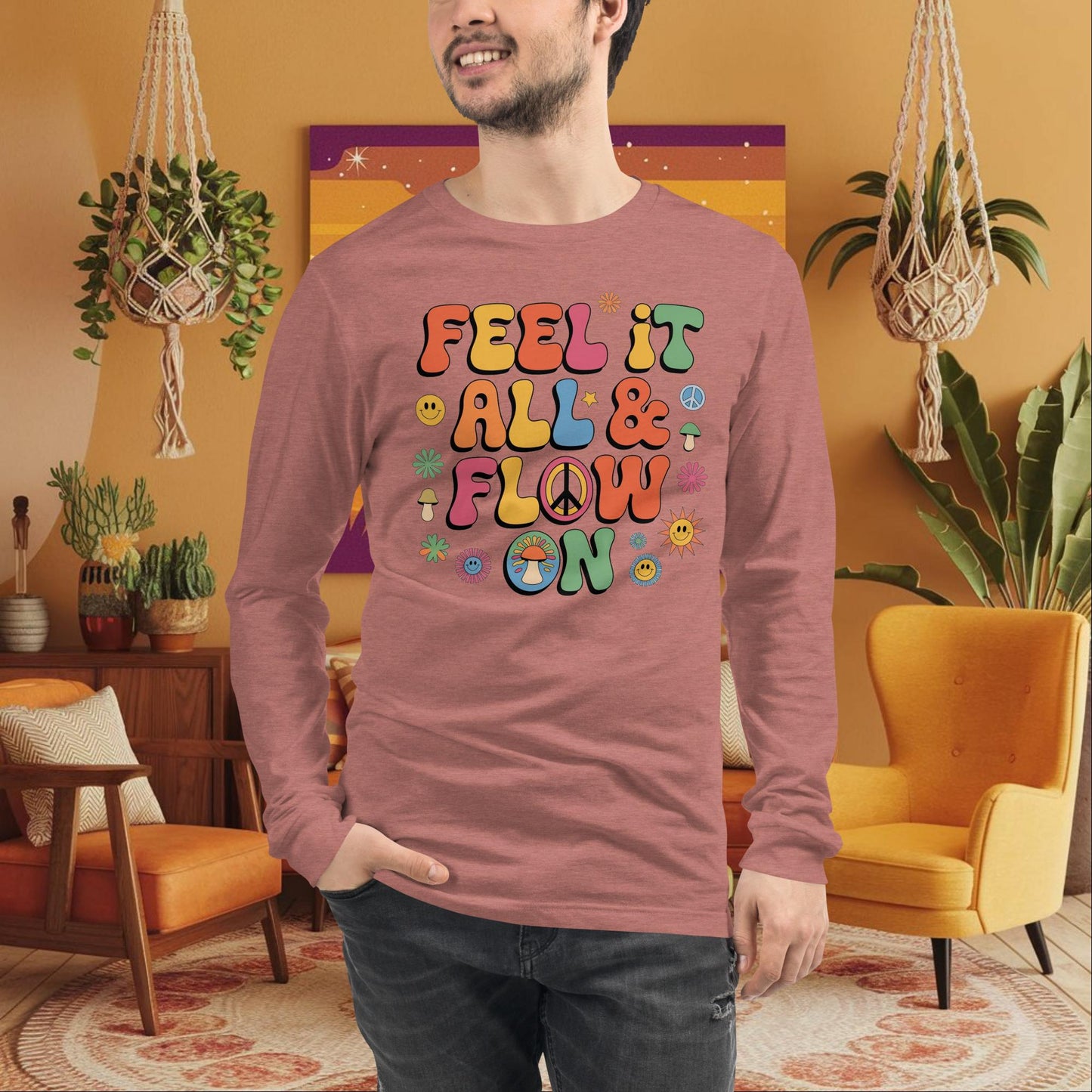 Feel It All & Flow On Long Sleeve Tee - Retro Mental Health Shirt for Emotional Strength - MySisterIsASurvivor
