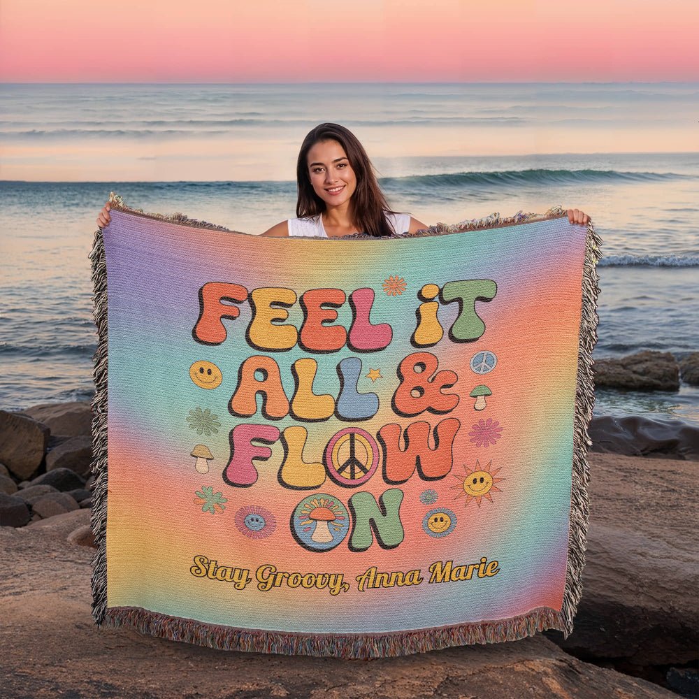 Feel It All & Flow On Personalized Blanket - Retro Mental Health Support Throw for Home - MySisterIsASurvivor