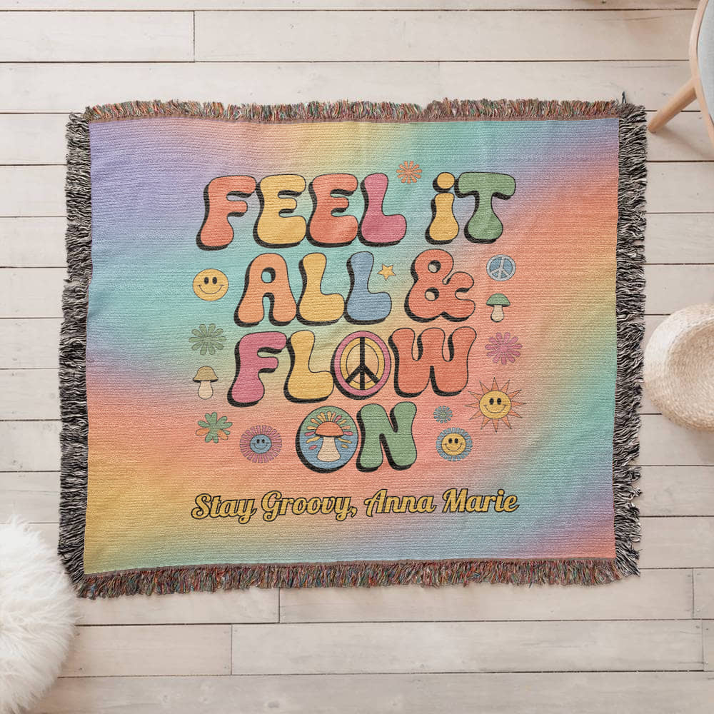 Feel It All & Flow On Personalized Blanket - Retro Mental Health Support Throw for Home - MySisterIsASurvivor
