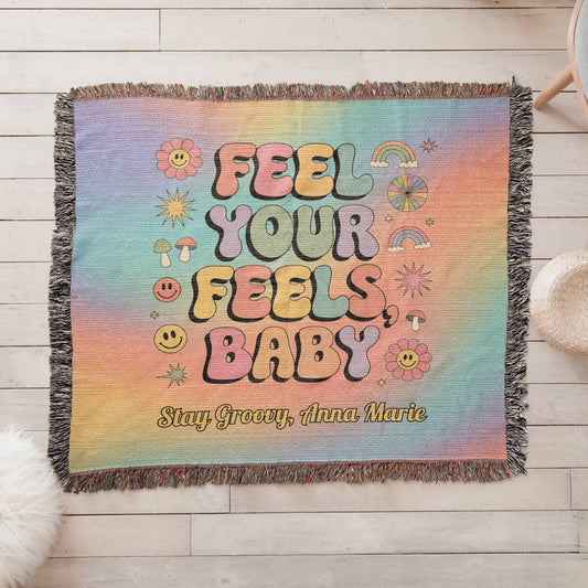 Feel Your Feels Baby Custom Blanket - Retro Groovy Mental Health Woven Throw for Healing - MySisterIsASurvivor
