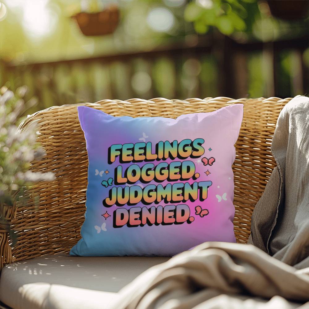 Feelings Logged Judgment Denied Y2K support pillow custom name affirmation gift - MySisterIsASurvivor