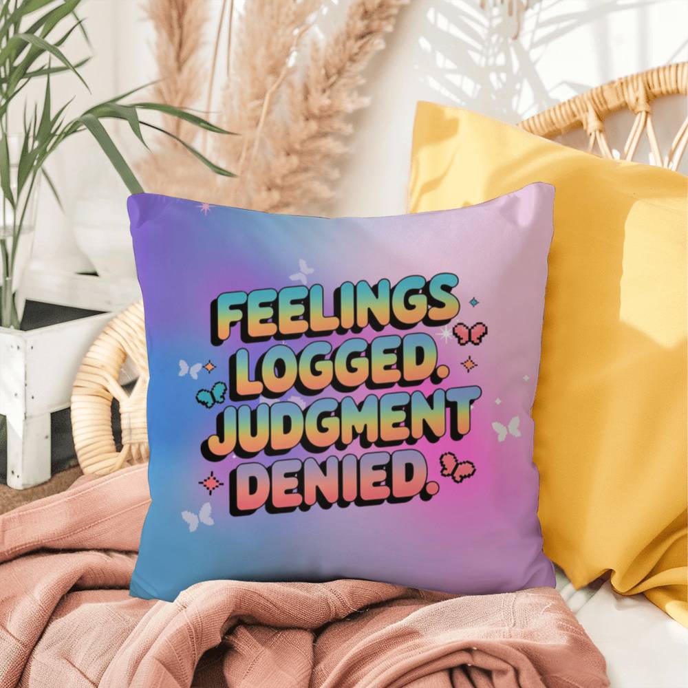 Feelings Logged Judgment Denied Y2K support pillow custom name affirmation gift - MySisterIsASurvivor