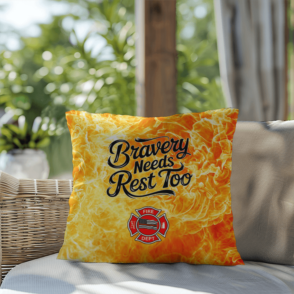 Custom pillow reminding first responders that bravery includes self-care and rest. Perfect for cozy spaces and mental health awareness.