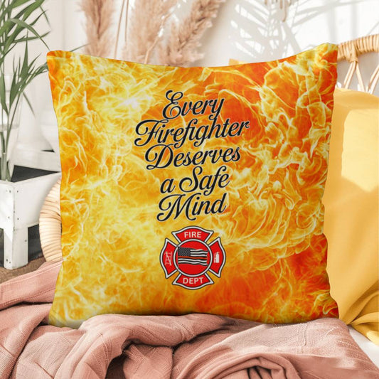 Pillow designed to promote mental health awareness for firefighters, emphasizing the need for emotional well-being and a safe mind.