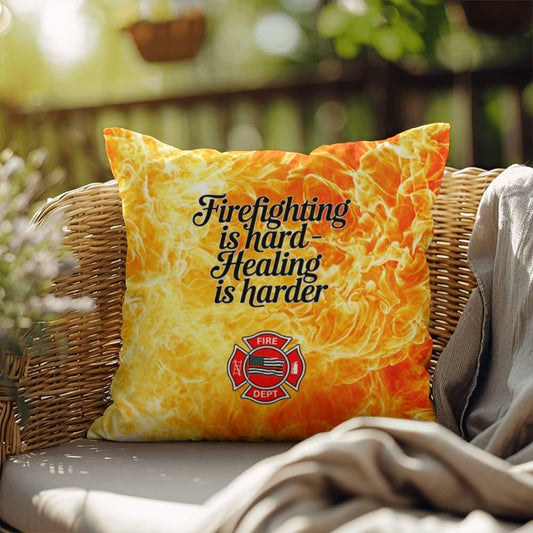 Shop our firefighter support custom indoor outdoor pillow firefighting is hard healing is harder featuring the 18" x 18" style option from MySisterIsASurvivor.