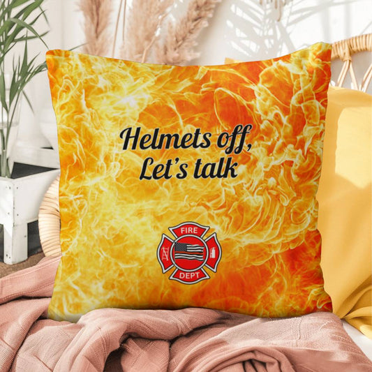 Custom pillow encouraging first responders to take off their helmets and talk about mental health, fostering important conversations.