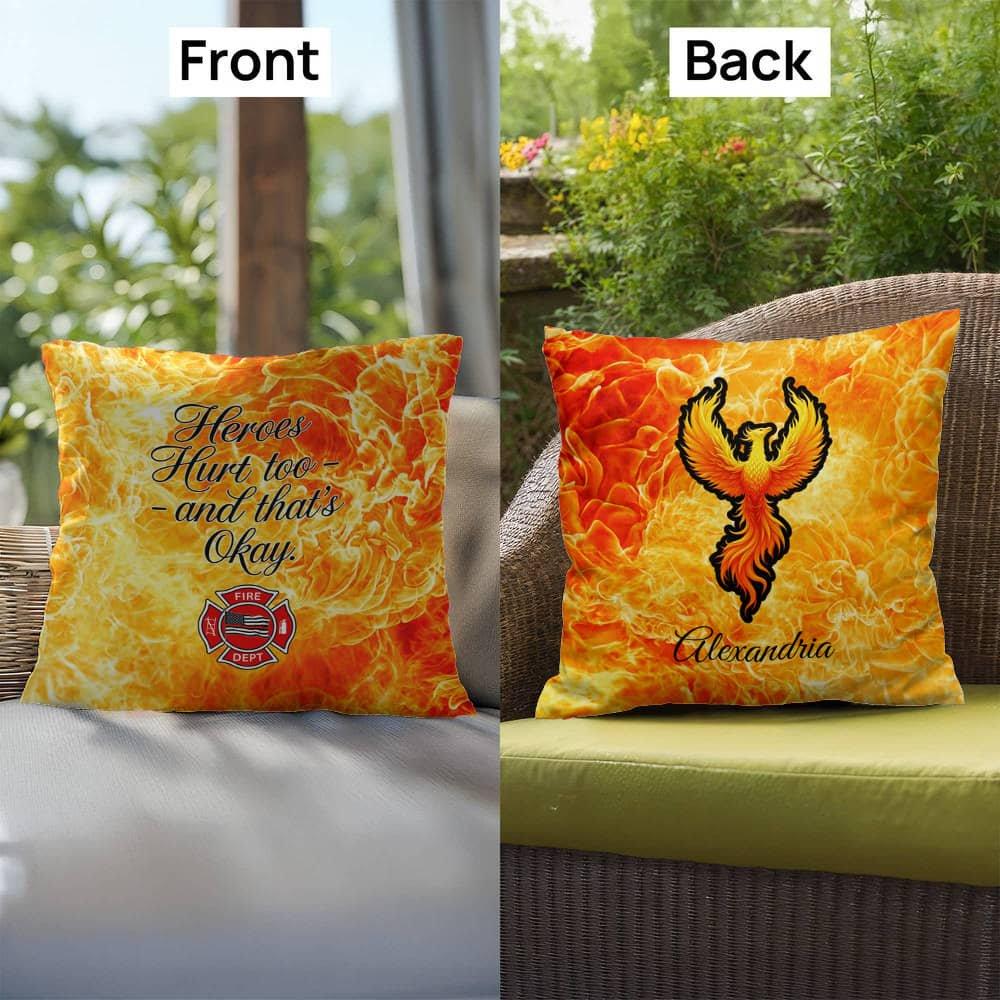 A supportive pillow for firefighters, reminding them that it's okay to hurt and seek help, promoting mental health awareness.