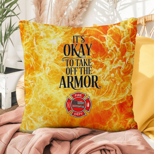Pillow designed for first responders, encouraging them to take off their emotional armor and care for their mental health.