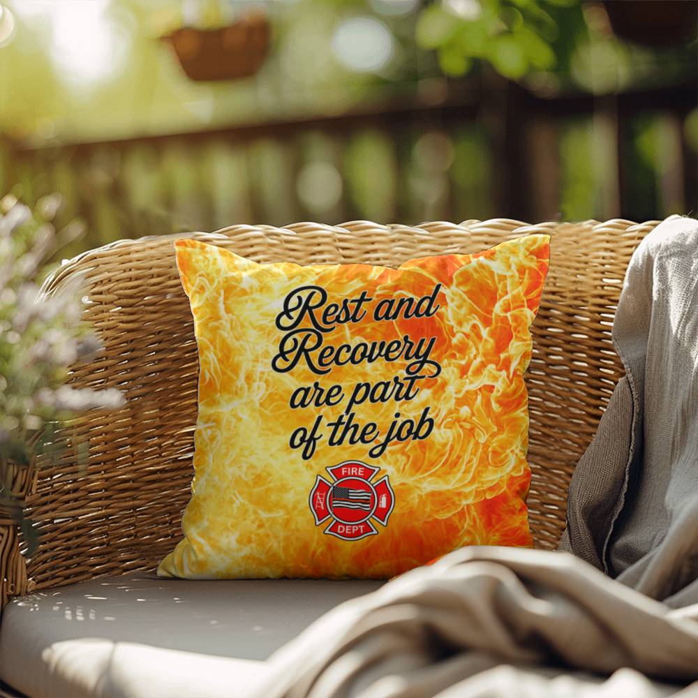 Custom pillow designed to remind first responders that rest and recovery are essential parts of their job, fostering mental health awareness.
