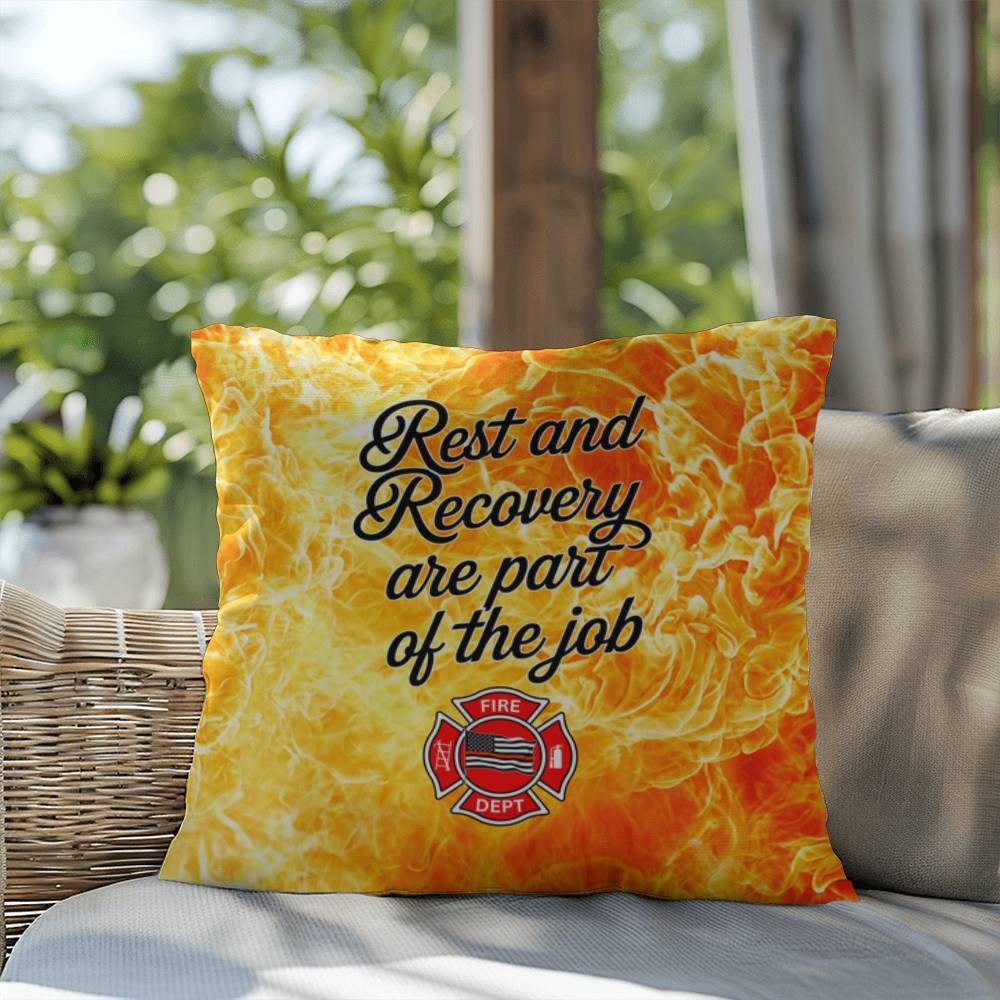 Custom pillow designed to remind first responders that rest and recovery are essential parts of their job, fostering mental health awareness.