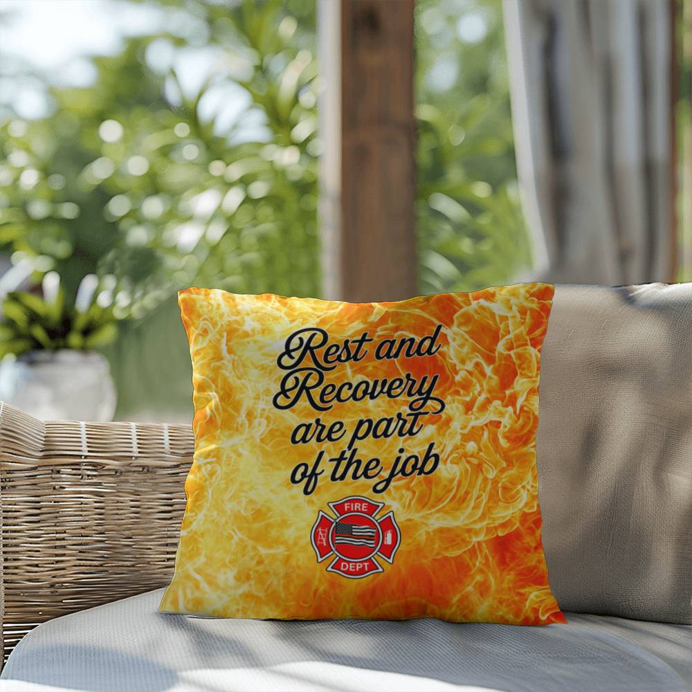Custom pillow designed to remind first responders that rest and recovery are essential parts of their job, fostering mental health awareness.