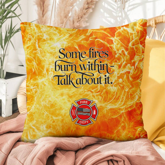 Pillow for firefighters urging them to talk about their internal struggles. A supportive design promoting mental health and recovery.