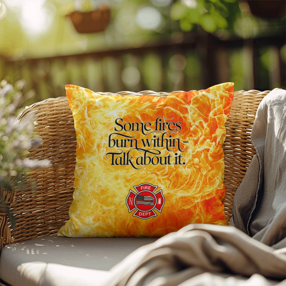 Pillow for firefighters urging them to talk about their internal struggles. A supportive design promoting mental health and recovery.