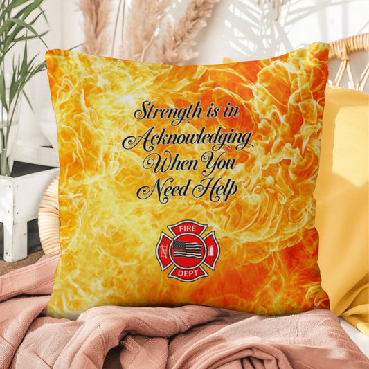 Custom pillow encouraging firefighters to acknowledge their emotional challenges and seek support, emphasizing strength in vulnerability.