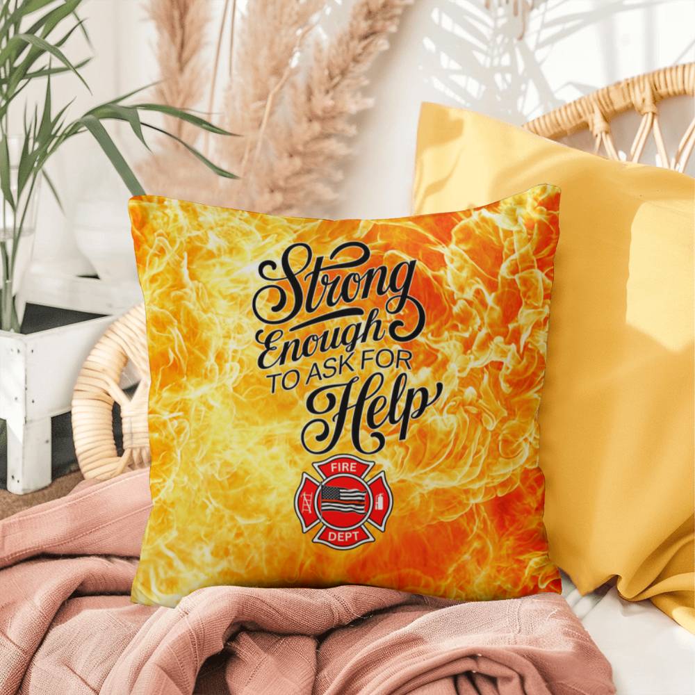 Pillow design for first responders, celebrating strength in asking for help and seeking mental health support when needed.