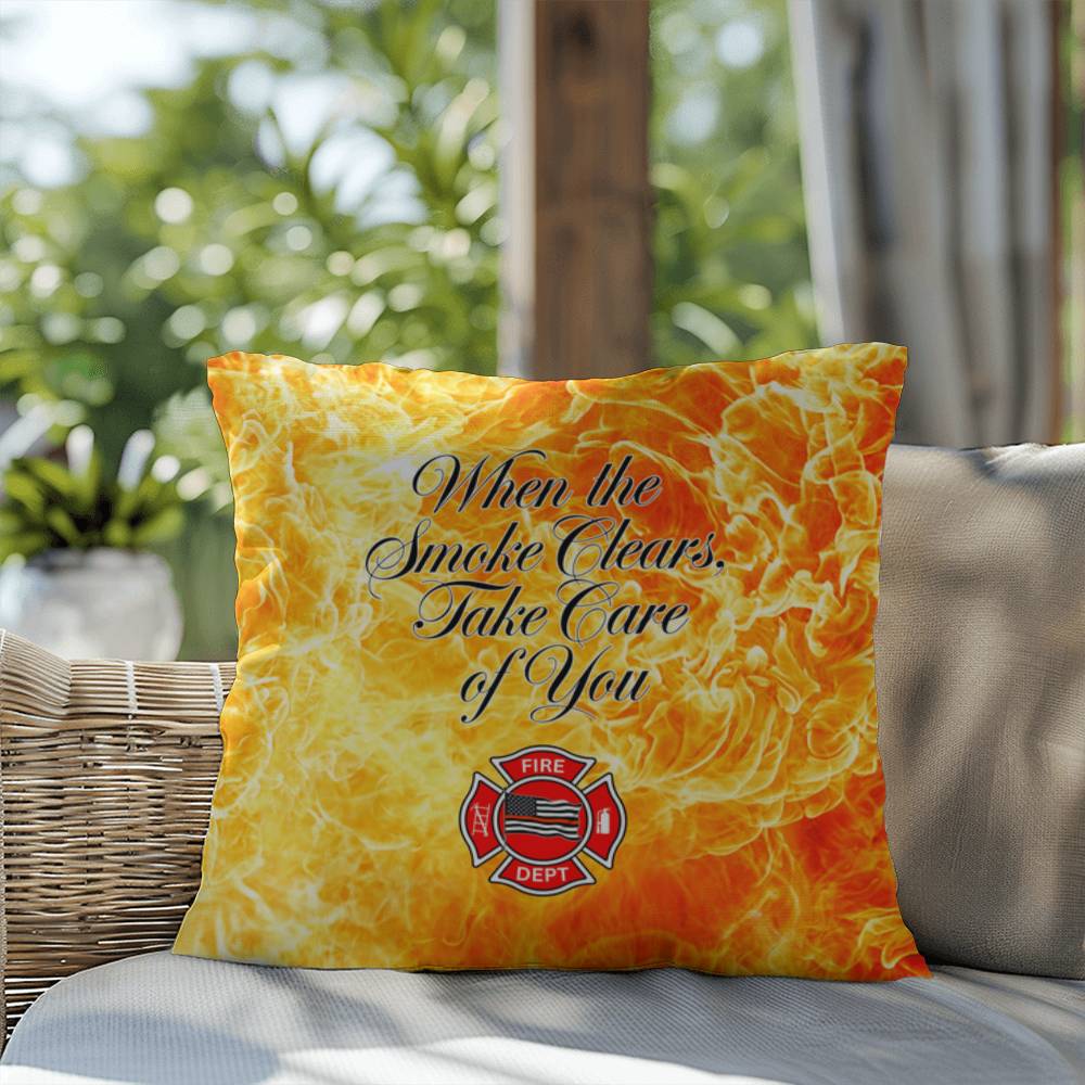 A supportive pillow for firefighters, reminding them to take care of their mental health after the physical demands of their work.