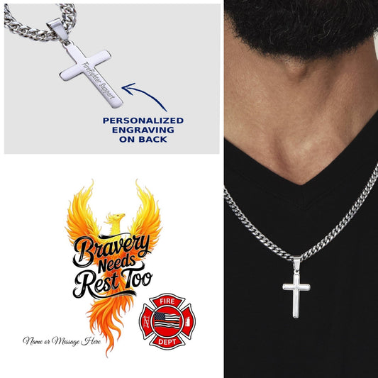 Firefighter Support Engraved Cuban Link Cross reminding heroes that bravery includes rest and healing.