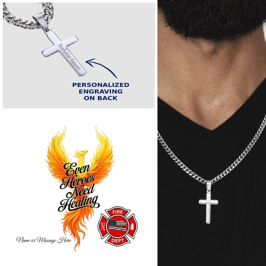 Firefighter Support Cross Necklace showing that even heroes need healing and support.