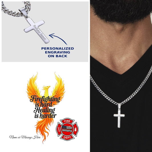 Firefighter Support Cuban Link Cross Necklace encouraging resilience through the hard battles of firefighting.