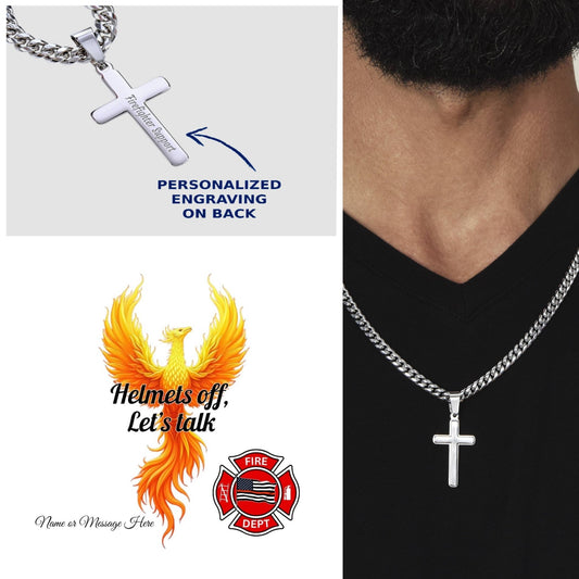 Helmets Off Firefighter Support Cuban Link Cross celebrating vulnerability, strength, and firefighter healing.