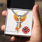 Saving Lives firefighter support engraved cross necklace encouraging self-care and mental health balance.