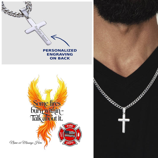 Some Fires Burn Inside firefighter support cross necklace honoring inner battles and mental health awareness.