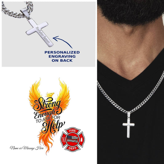 Strong Enough firefighter support Cuban link cross necklace symbolizing courage, healing, and resilience.