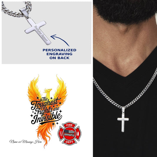 The Toughest Fights firefighter engraved cross honoring invisible mental health battles and everyday heroism.