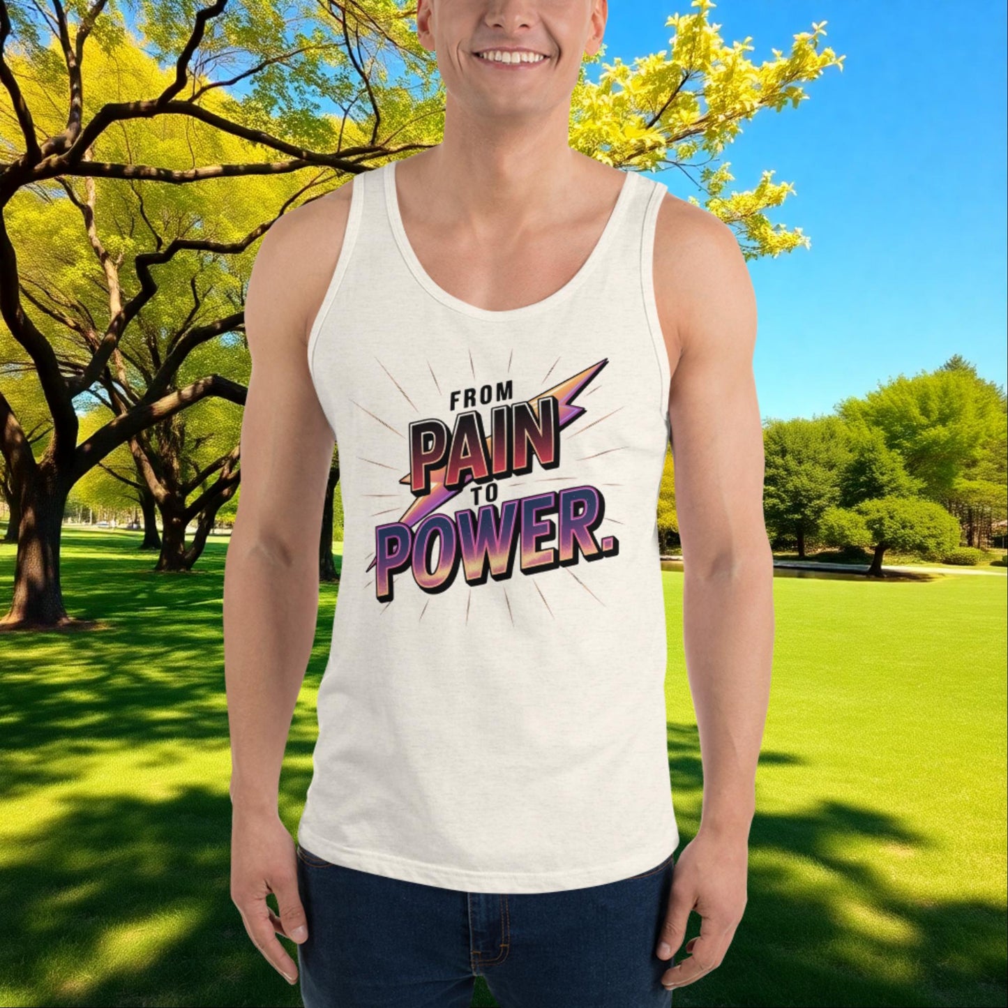 From Pain to Power quote unisex tank top for survivors, healing, strength, empowerment, and domestic violence awareness