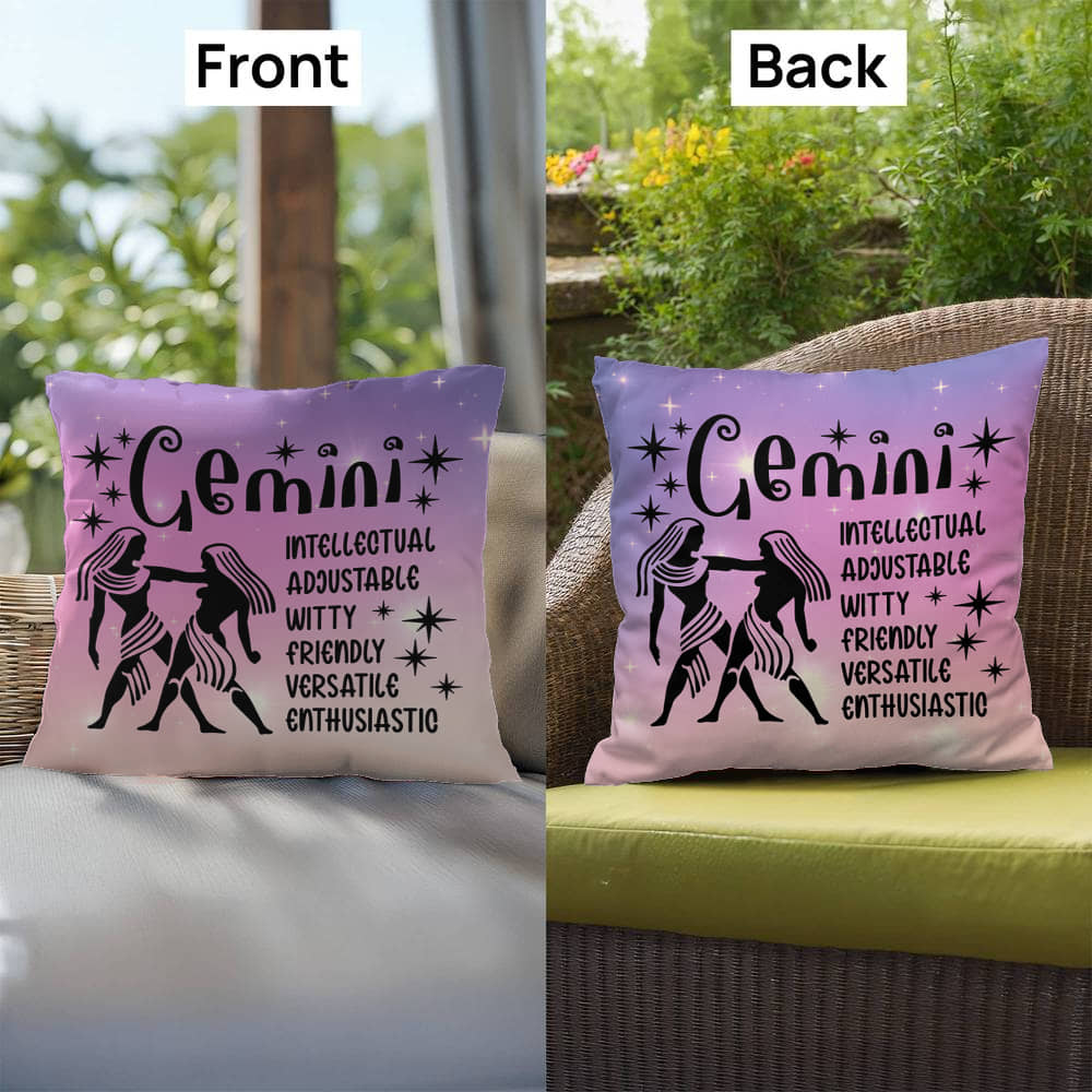 Gemini zodiac pillow with duality-inspired design for indoor and outdoor use