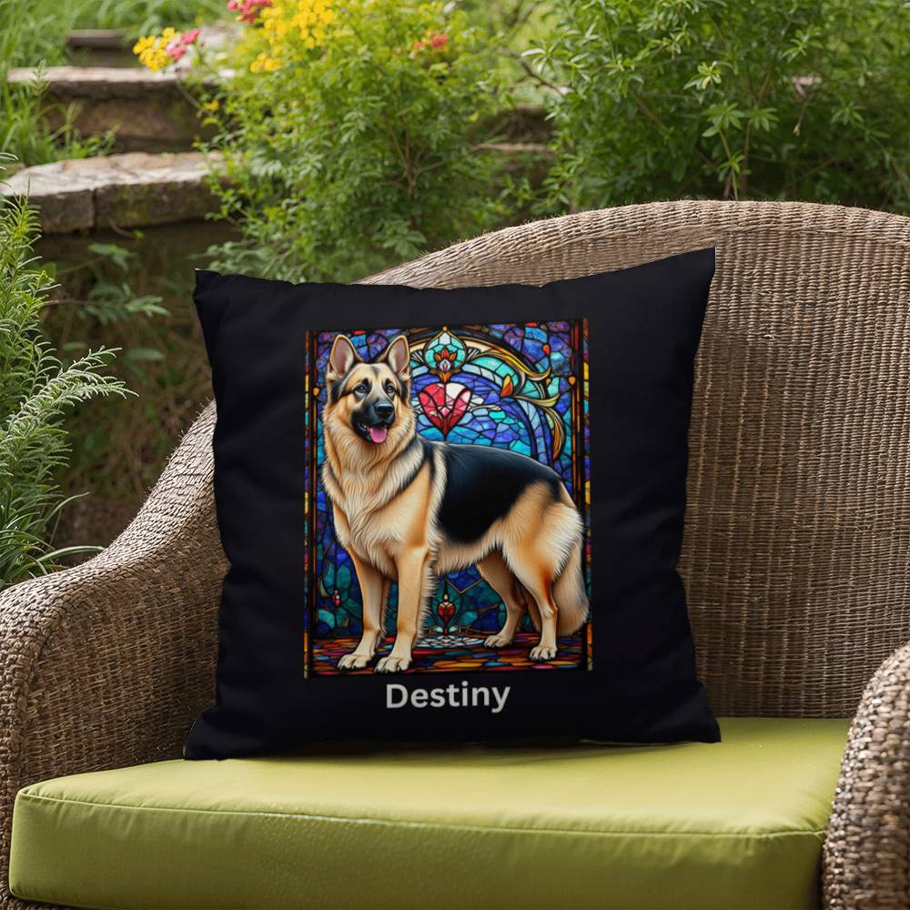 Black & Cream German Shepherd Pillow, personalized indoor/outdoor stained glass dog décor