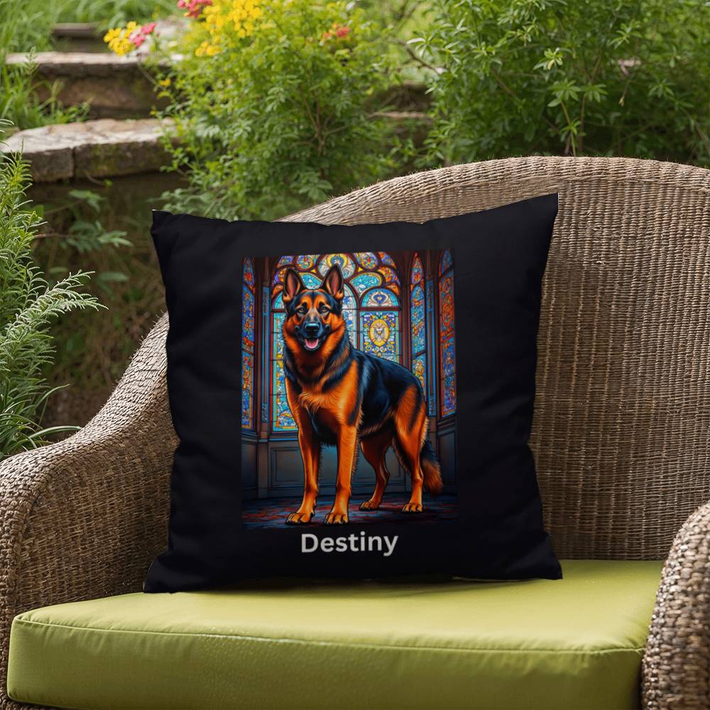 Black & Red German Shepherd Stained Glass Pillow, custom dog art gift for pet lovers