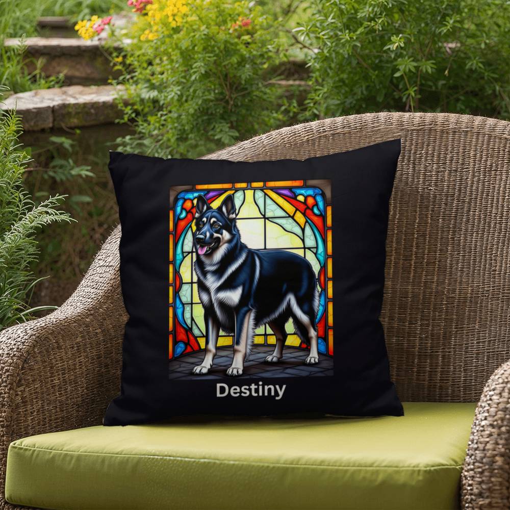 Black & Silver German Shepherd Pillow, custom stained glass art for dog lovers and families