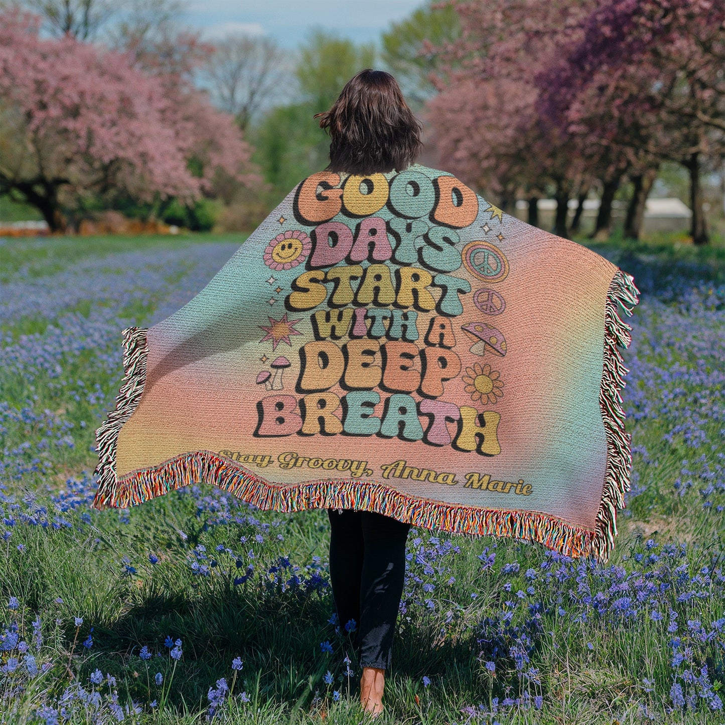 Good Days Start with a Deep Breath - Personalized Woven Blanket, Mental Health Support Throw - MySisterIsASurvivor