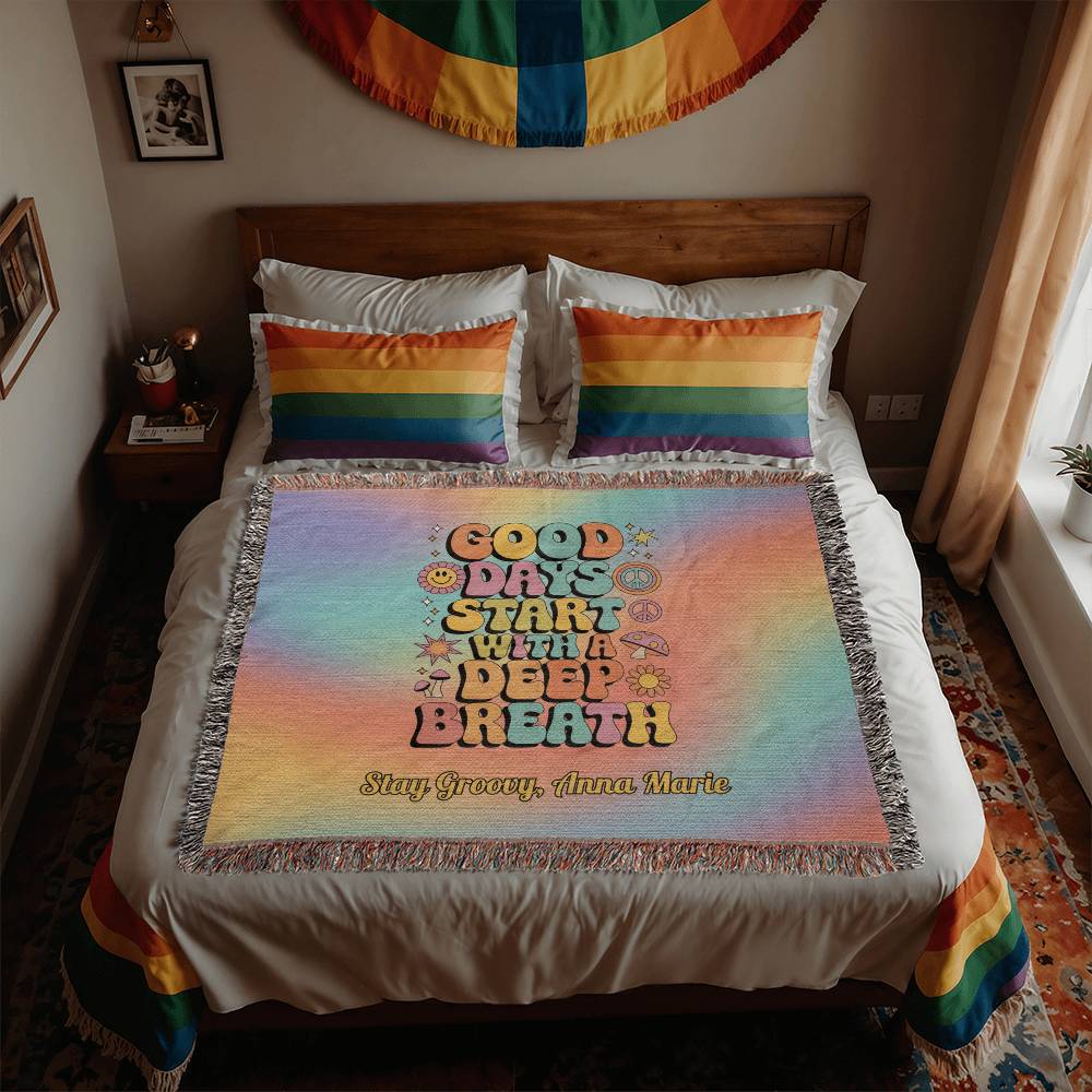 Good Days Start with a Deep Breath - Personalized Woven Blanket, Mental Health Support Throw - MySisterIsASurvivor