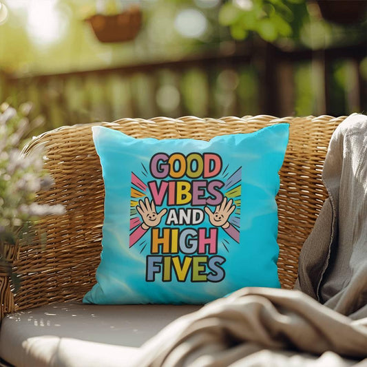Shop our good vibes and high fives indoor outdoor pillow featuring the 18" x 18" style option from MySisterIsASurvivor.