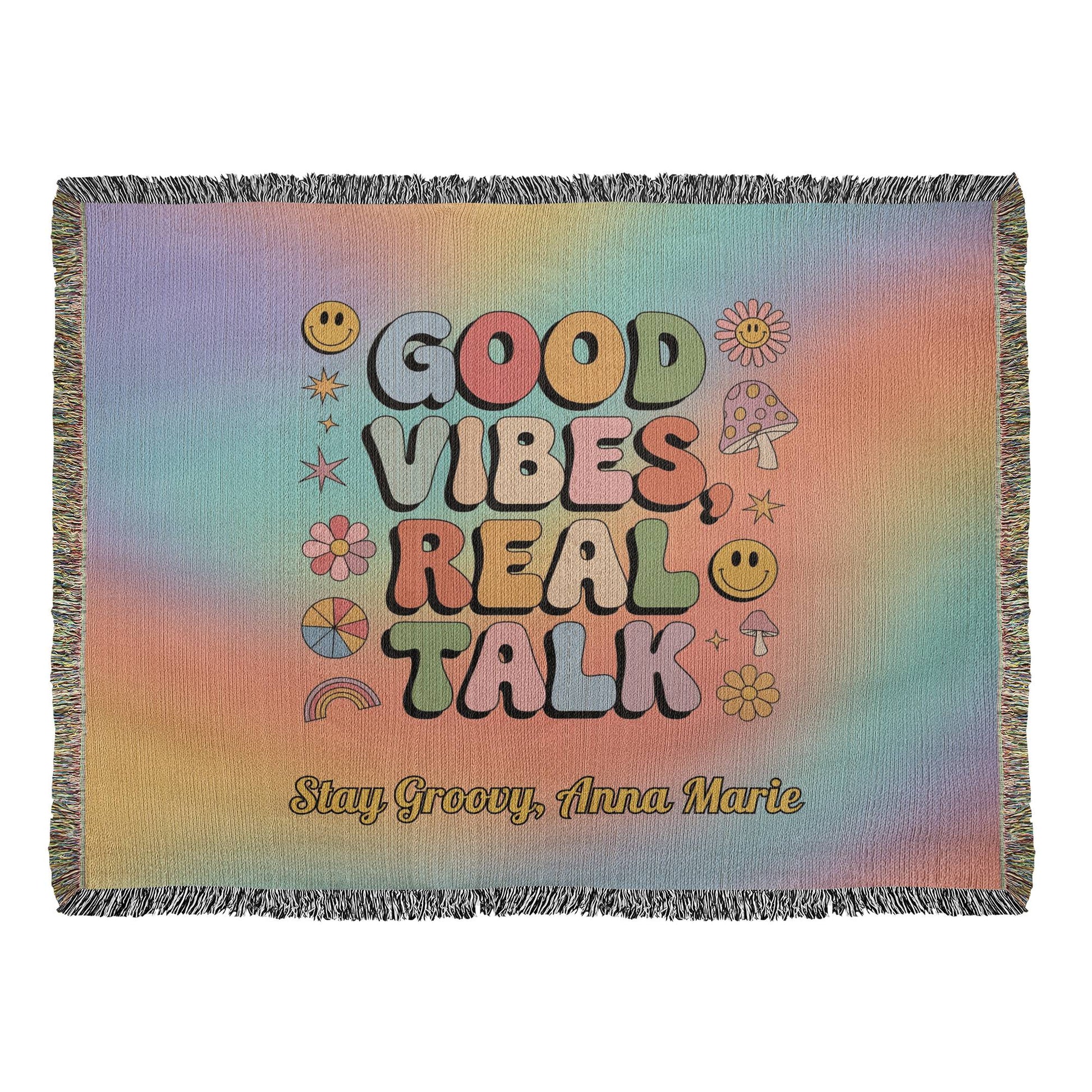 Good Vibes Real Talk - Personalized Woven Blanket, Retro Mental Wellness Throw for Home - MySisterIsASurvivor