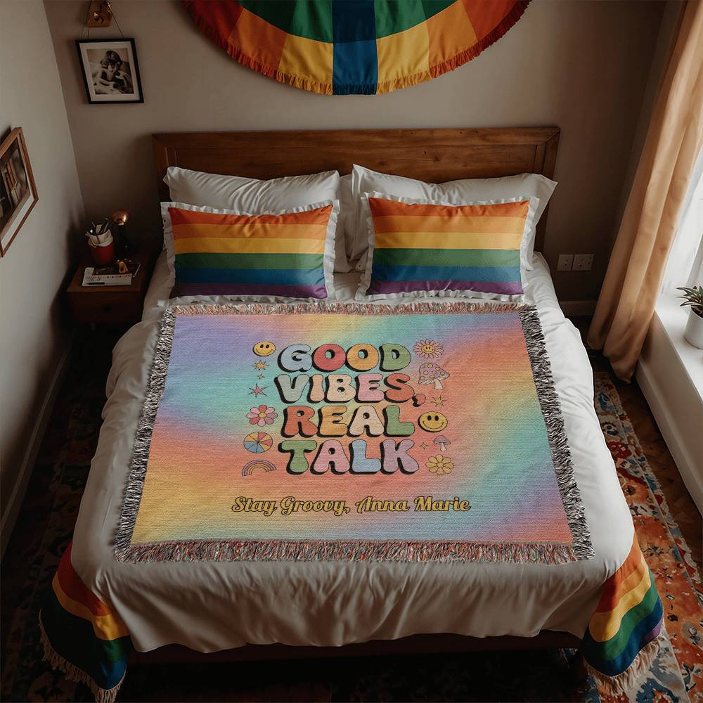 Good Vibes Real Talk - Personalized Woven Blanket, Retro Mental Wellness Throw for Home - MySisterIsASurvivor