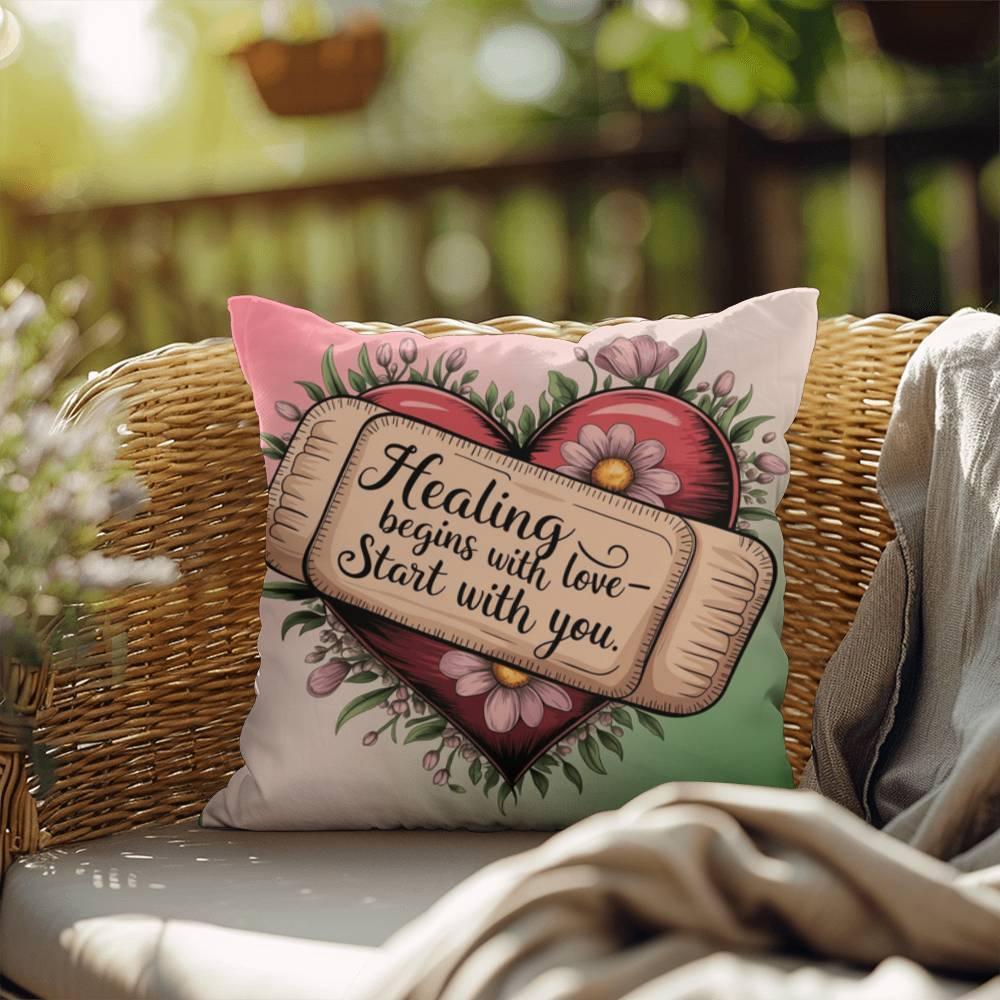 Shop our premium healing begins with love self care pillow from MySisterIsASurvivor.