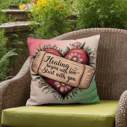 Shop our healing begins with love self care pillow featuring the 18" x 18" style option from MySisterIsASurvivor.