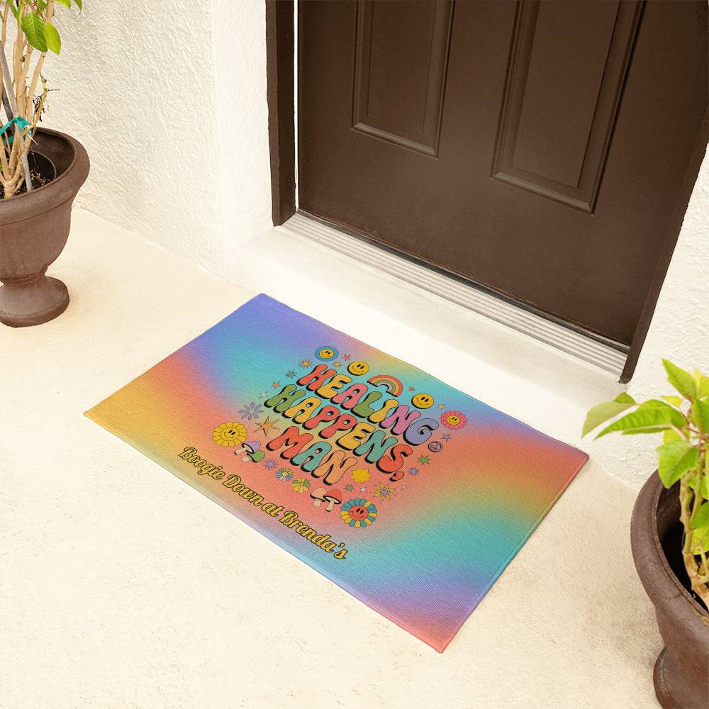 Healing Happens, Man - Personalized 70s Welcome Mat, Retro Entry Rug - MySisterIsASurvivor