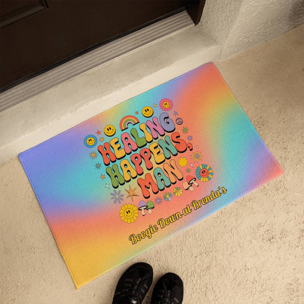 Healing Happens, Man - Personalized 70s Welcome Mat, Retro Entry Rug - MySisterIsASurvivor