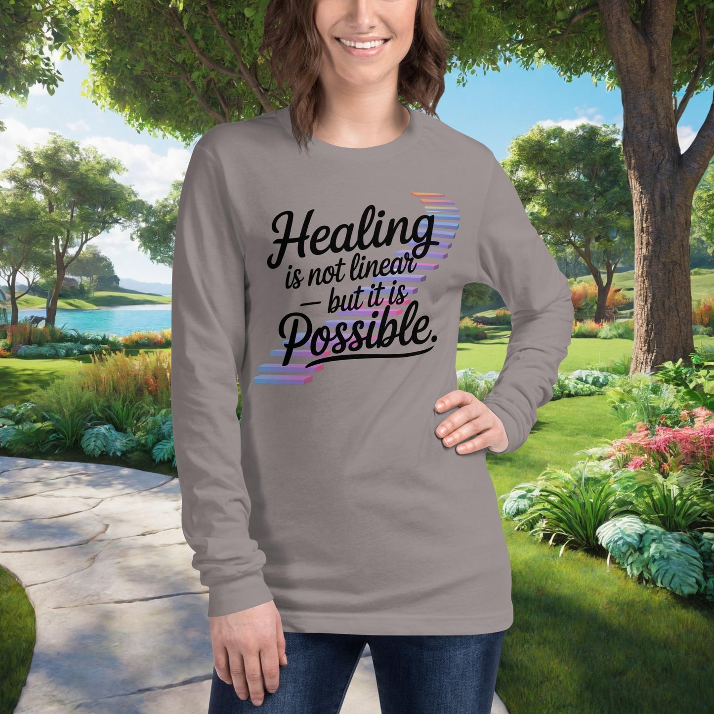 Healing Is Not Linear – But It Is Possible on Unisex Long Sleeve T-Shirt, mental health recovery, empowerment, support tee
