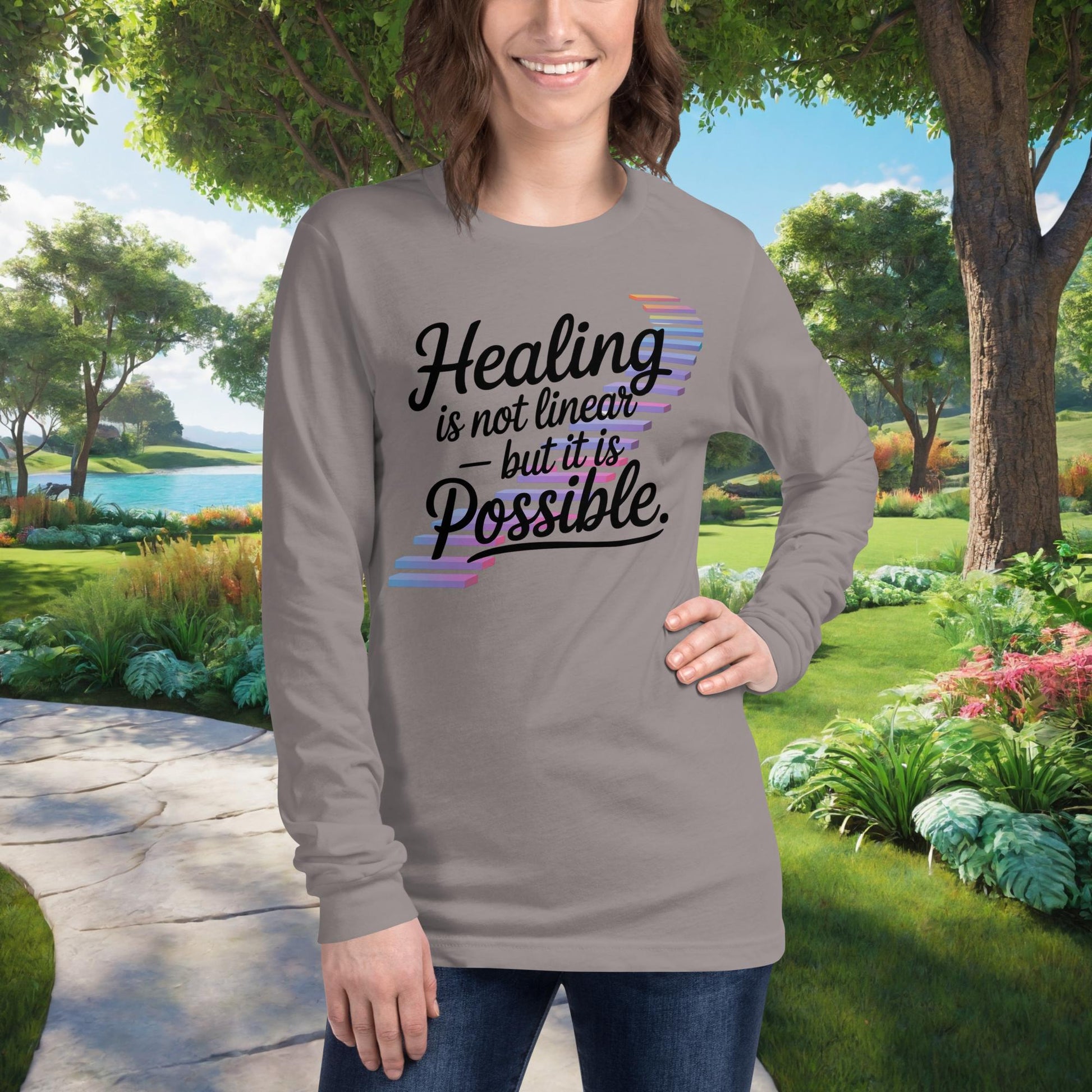 Healing Is Not Linear – But It Is Possible on Unisex Long Sleeve T-Shirt, mental health recovery, empowerment, support tee