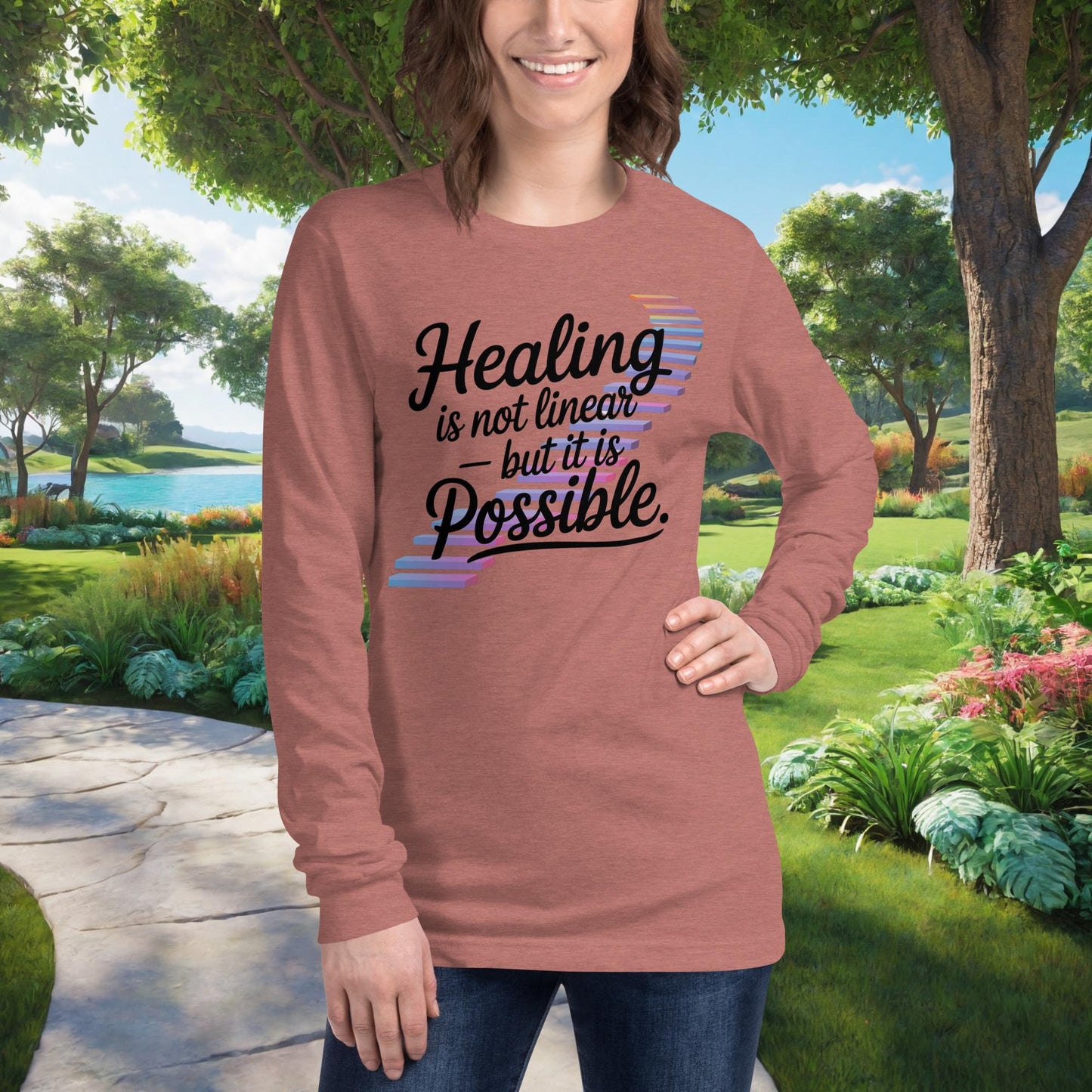 Healing Is Not Linear – But It Is Possible on Unisex Long Sleeve T-Shirt, mental health recovery, empowerment, support tee